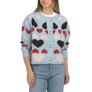ENGLISH FACTORY Blue Multi Wool Blend Crew Neck Heart Cardigan
